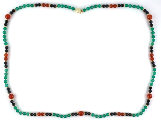 45120 - SOLD - Art Deco Gold Green & Black Onyx Carnelian Rondell Bead Necklace