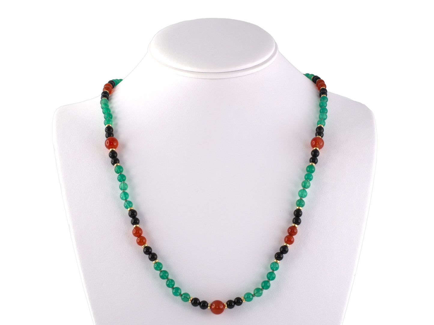 45120 - SOLD - Art Deco Gold Green & Black Onyx Carnelian Rondell Bead Necklace