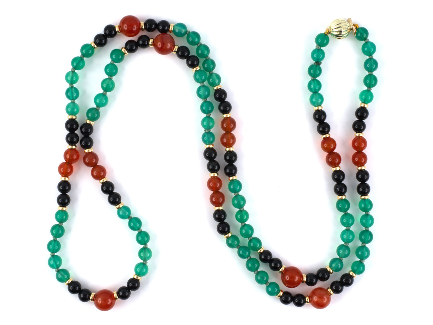 45120 - SOLD - Art Deco Gold Green & Black Onyx Carnelian Rondell Bead Necklace