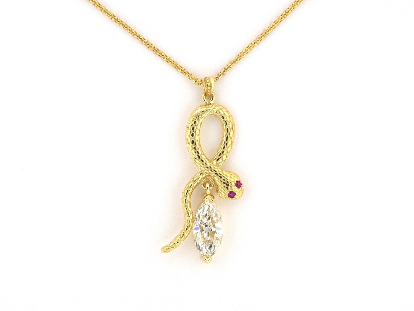 45138 - Gold GIA Diamond Ruby Carved Snake Pendant Necklace