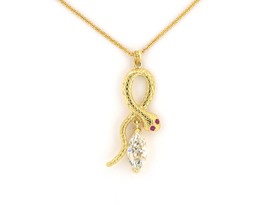 45138 - Gold GIA Diamond Ruby Carved Snake Pendant Necklace