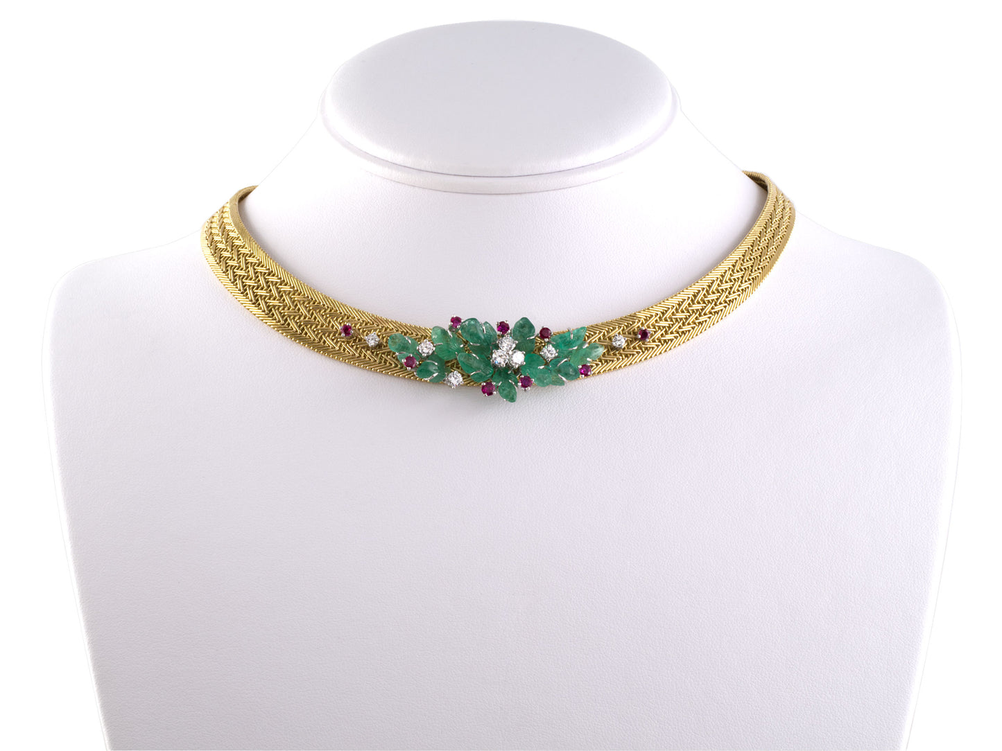 45182 - SOLD - Circa 1970 Gold Platinum Diamond Emerald Ruby Floral Ornament Woven Necklace