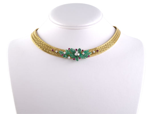 45182 - SOLD - Circa 1970 Gold Platinum Diamond Emerald Ruby Floral Ornament Woven Necklace