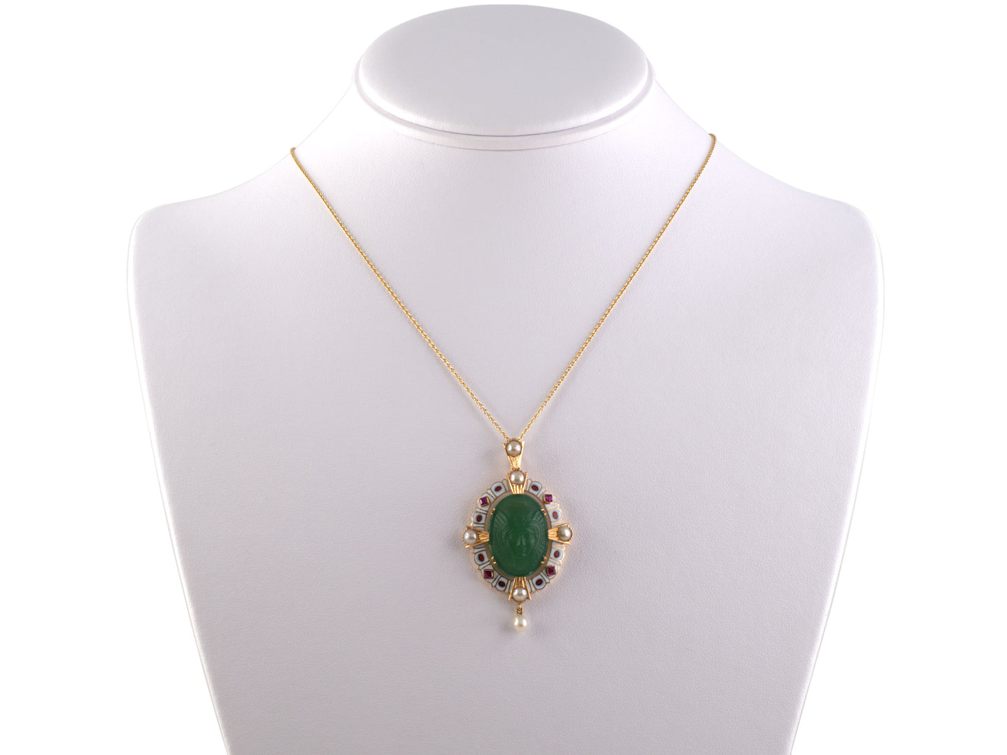 45190 - Victorian Egyptian-Revival Gold Carved Green Onyx Ruby Pearl Enamel Pendant Necklace