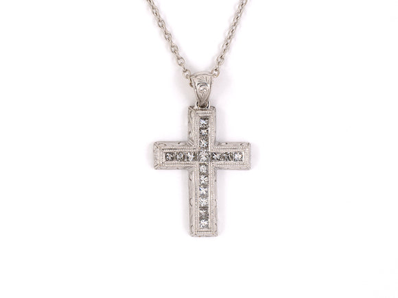 45219 - SOLD - Gold Diamond Carved Cross Pendant With Cable Chain