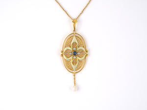 45246 - SOLD - Art Nouveau Gold Sapphire Pearl Opalescent Enamel Drop Pendant Necklace