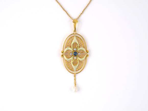 45246 - Art Nouveau Gold Sapphire Pearl Opalescent Enamel Drop Pendant Necklace