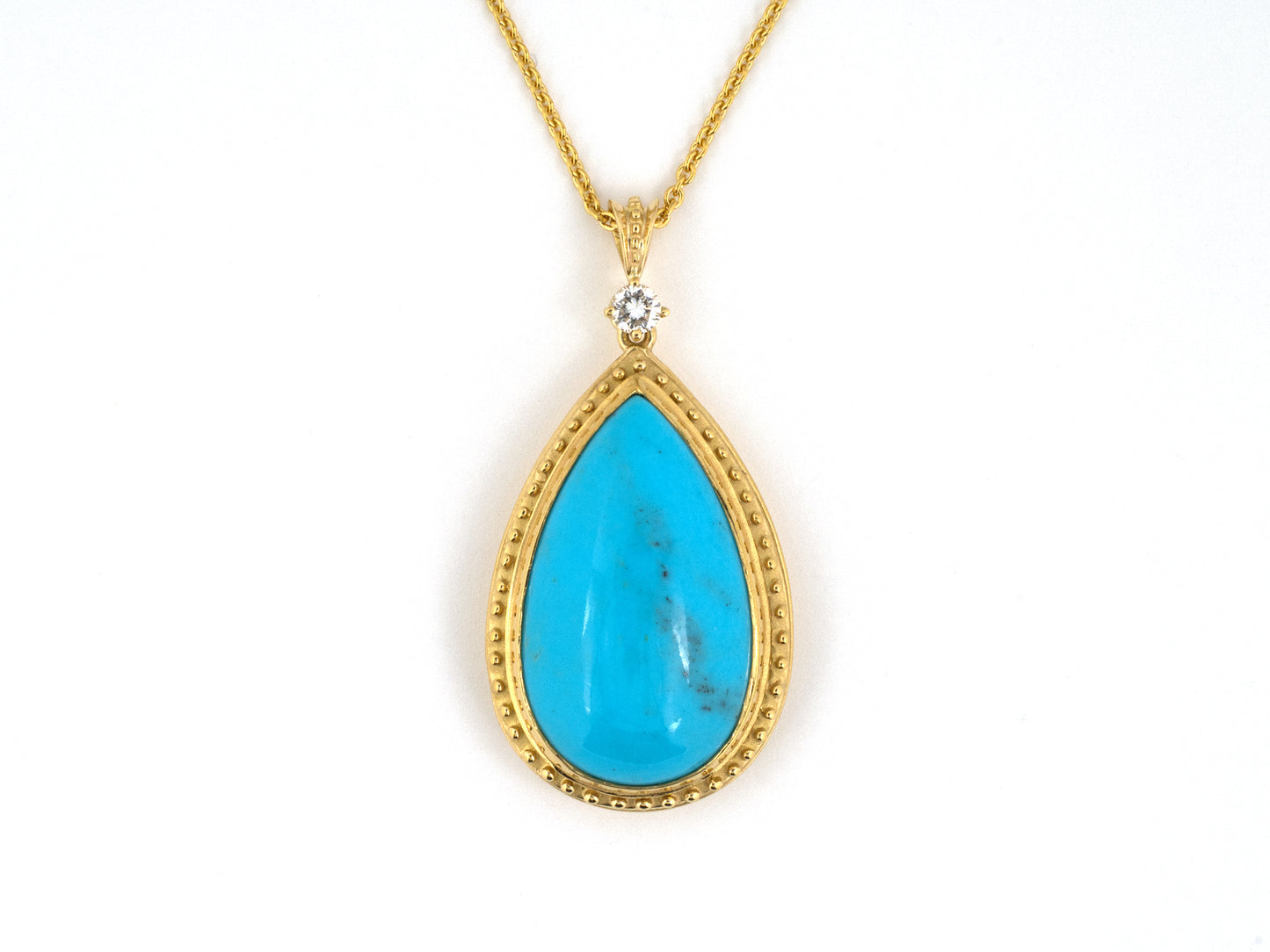 45249 - SOLD - Gold Diamond Pear Shape Turquoise Pendant Necklace