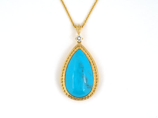 45249 - SOLD - Gold Diamond Pear Shape Turquoise Pendant Necklace