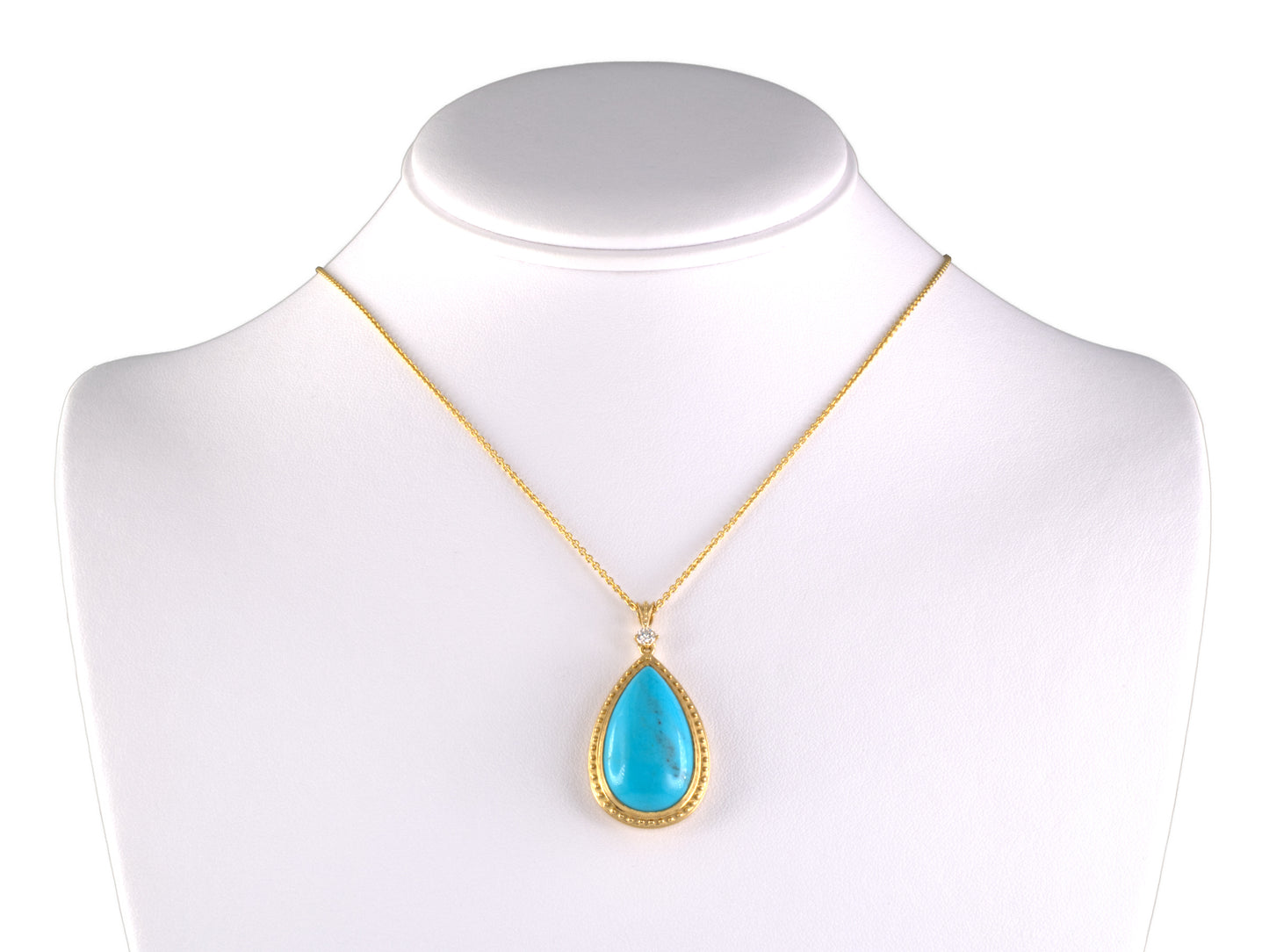 45249 - SOLD - Gold Diamond Pear Shape Turquoise Pendant Necklace