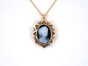 45280 - SOLD - Gold Diamond Woman Profile Stone Cameo Pearl Pendant Necklace