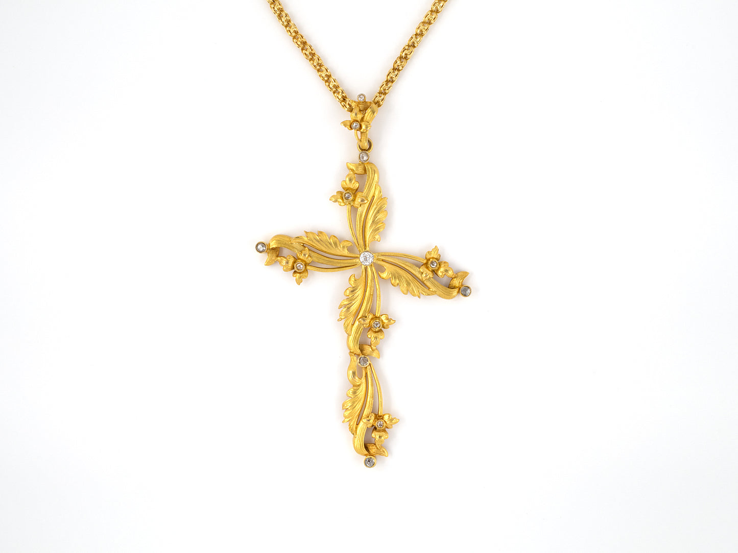 45296 - Art Nouveau Gold Diamond Floral Leaves Cross Pendant Necklace