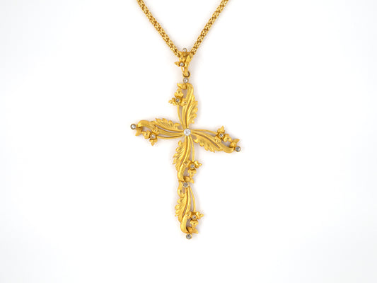 45296 - Art Nouveau Gold Diamond Floral Leaves Cross Pendant Necklace