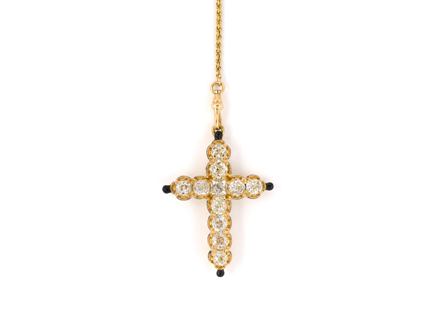 45297 - SOLD - Victorian Gold Diamond Black Enamel Cross Pin Pendant Sautoir