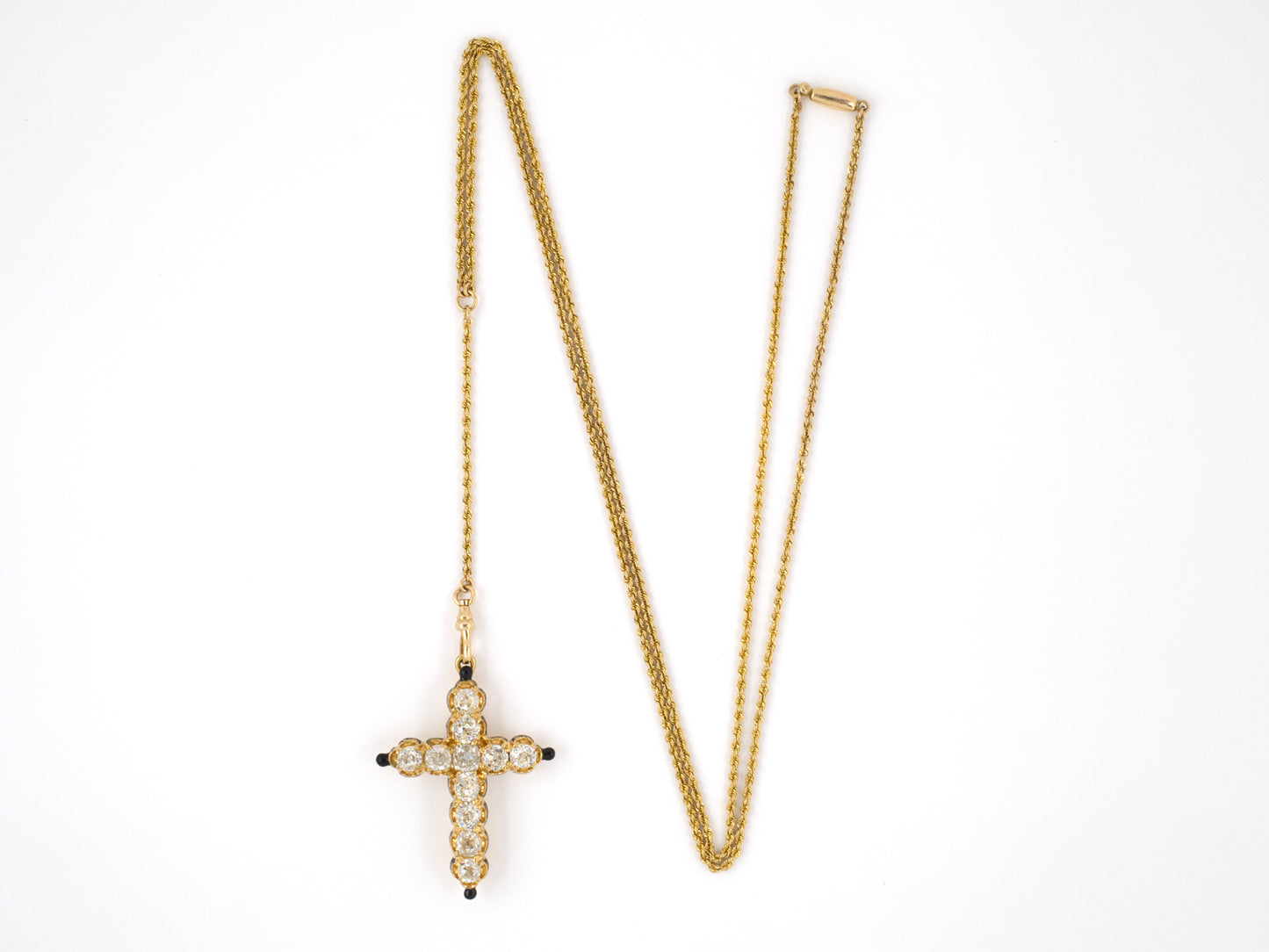 45297 - SOLD - Victorian Gold Diamond Black Enamel Cross Pin Pendant Sautoir