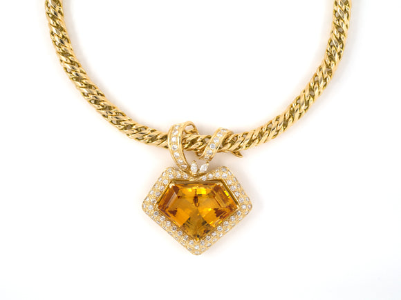 45314 - SOLD - Gold Diamond Citrine Shield Shape Woven Link Pendant Necklace