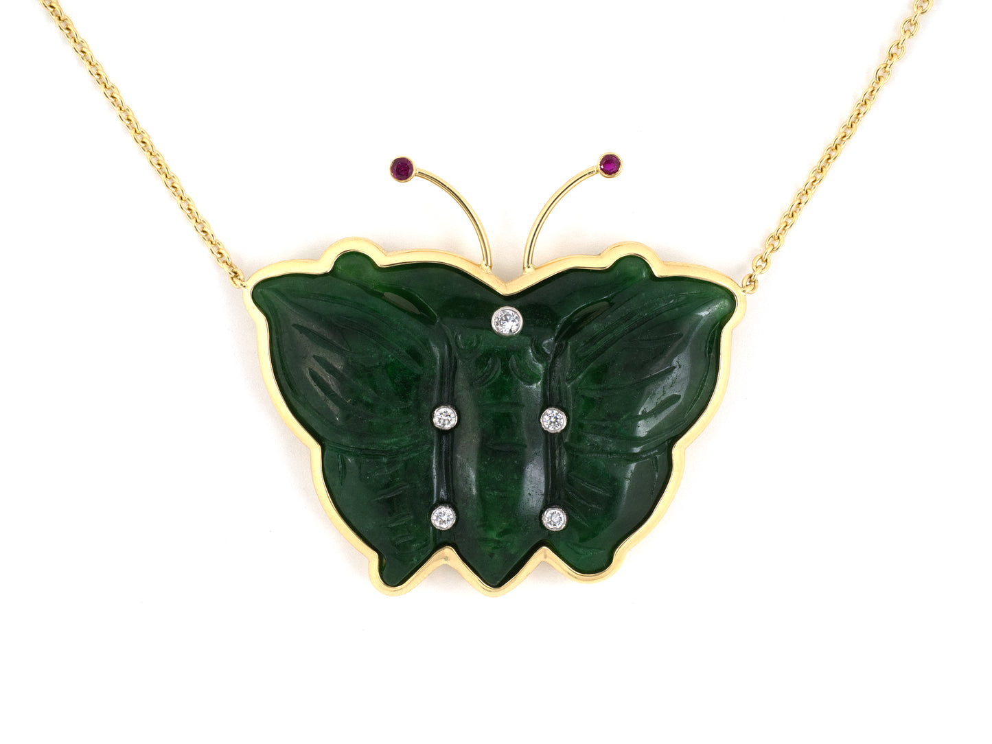 45317 - Platinum Gold Carved GIA Jadeite Diamond Ruby Butterfly Pendant Necklace