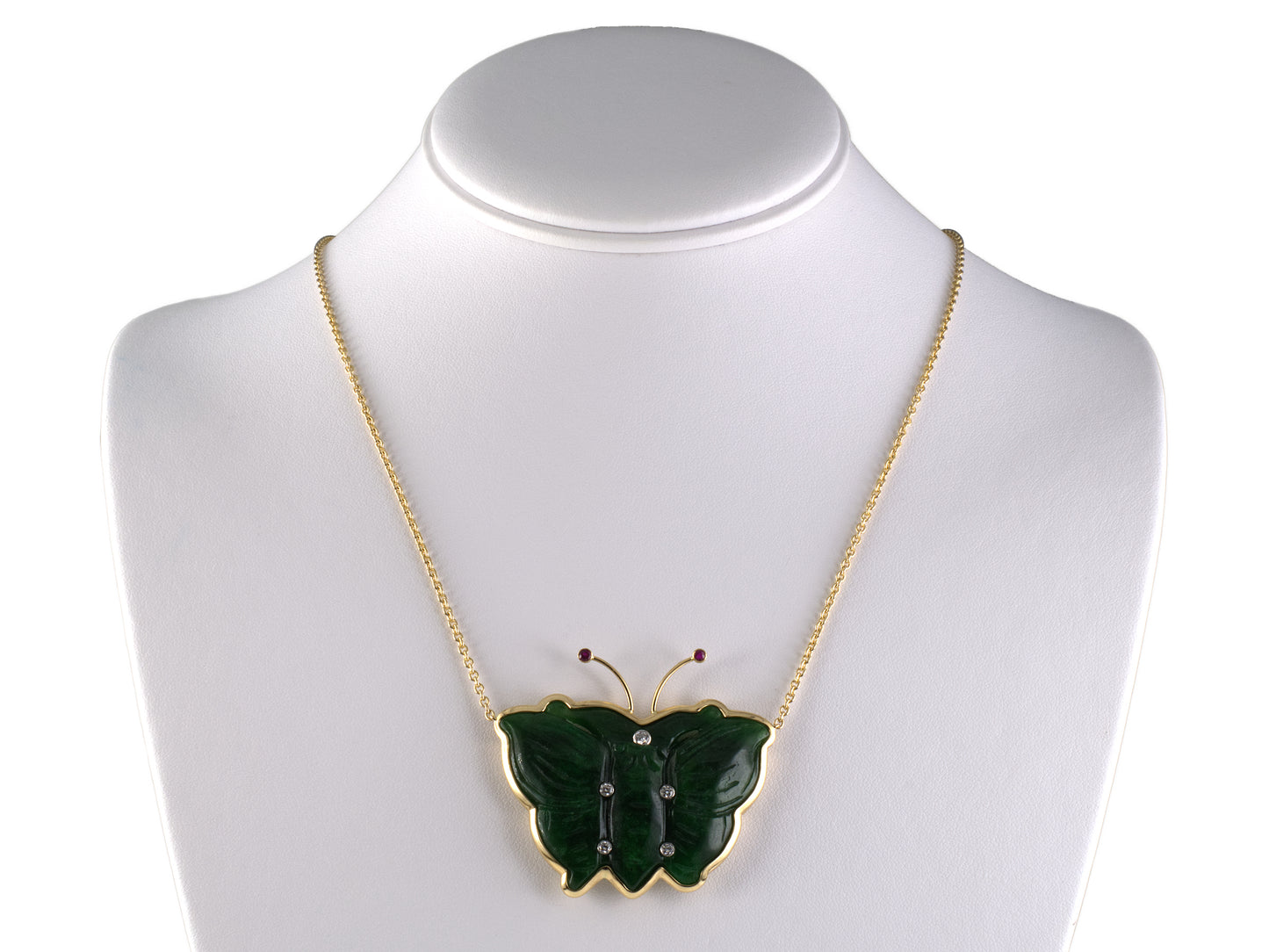 45317 - Platinum Gold Carved GIA Jadeite Diamond Ruby Butterfly Pendant Necklace