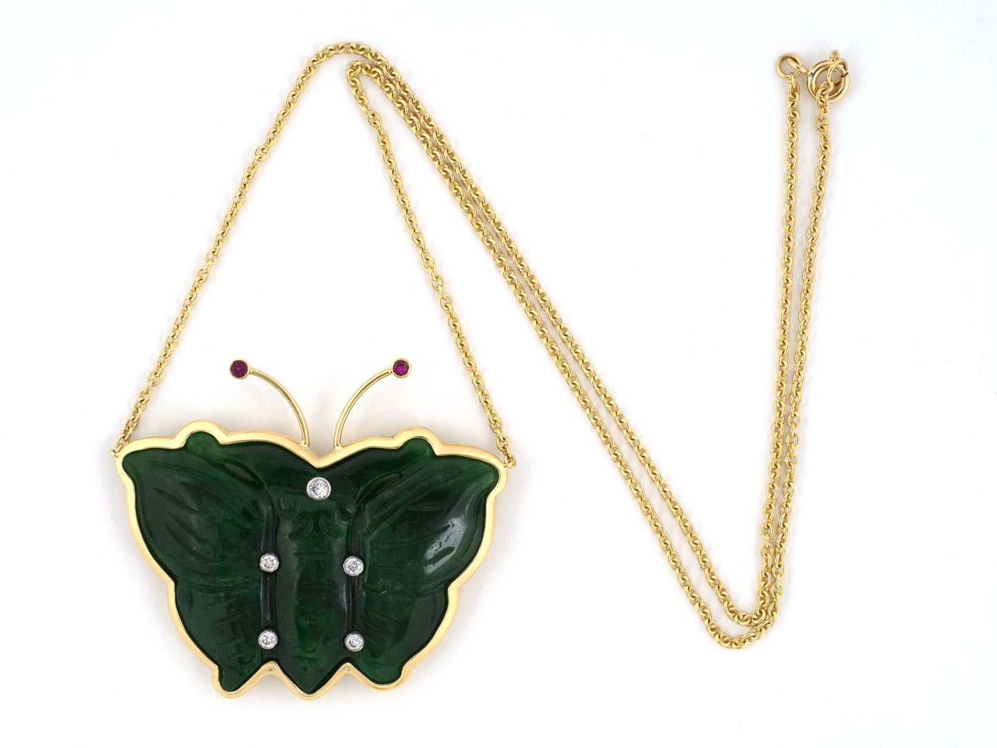 45317 - Platinum Gold Carved GIA Jadeite Diamond Ruby Butterfly Pendant Necklace