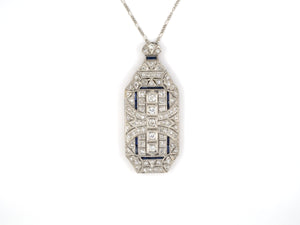 45321 - SOLD - Art Deco Platinum Diamond Synthetic Sapphire Stamped Filigree Removable Pendant Bail Necklace Pin