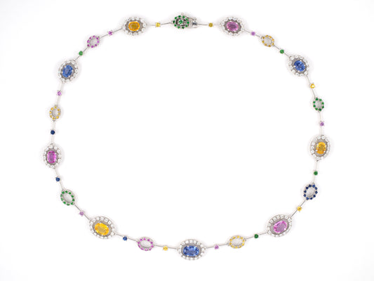 45338 - Italy Gold Diamond Blue Yellow Pink Sapphire Tsavorite Alternating Cluster Link Necklace