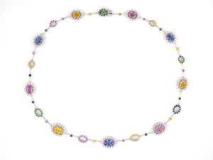 45338 - Italy Gold Diamond Blue Yellow Pink Sapphire Tsavorite Alternating Cluster Link Necklace