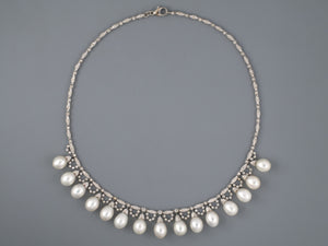 45347 - SOLD - Gold Diamond Pearl Drop Festoon Necklace