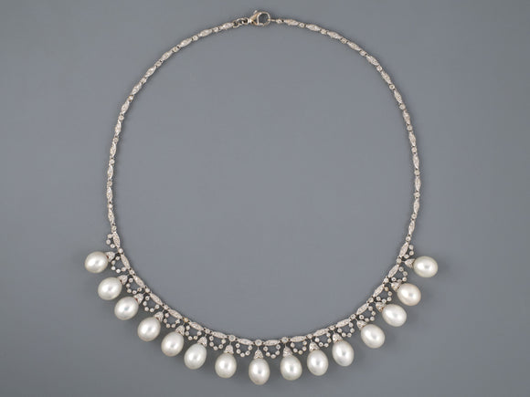 45347 - SOLD - Gold Diamond Pearl Drop Festoon Necklace