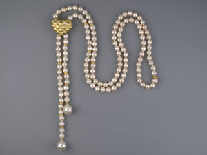 45351 - SOLD - Pearl Lariat Necklace With Puffed Gold Diamond Heart Pendant