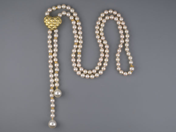 45351 - SOLD - Pearl Lariat Necklace With Puffed Gold Diamond Heart Pendant