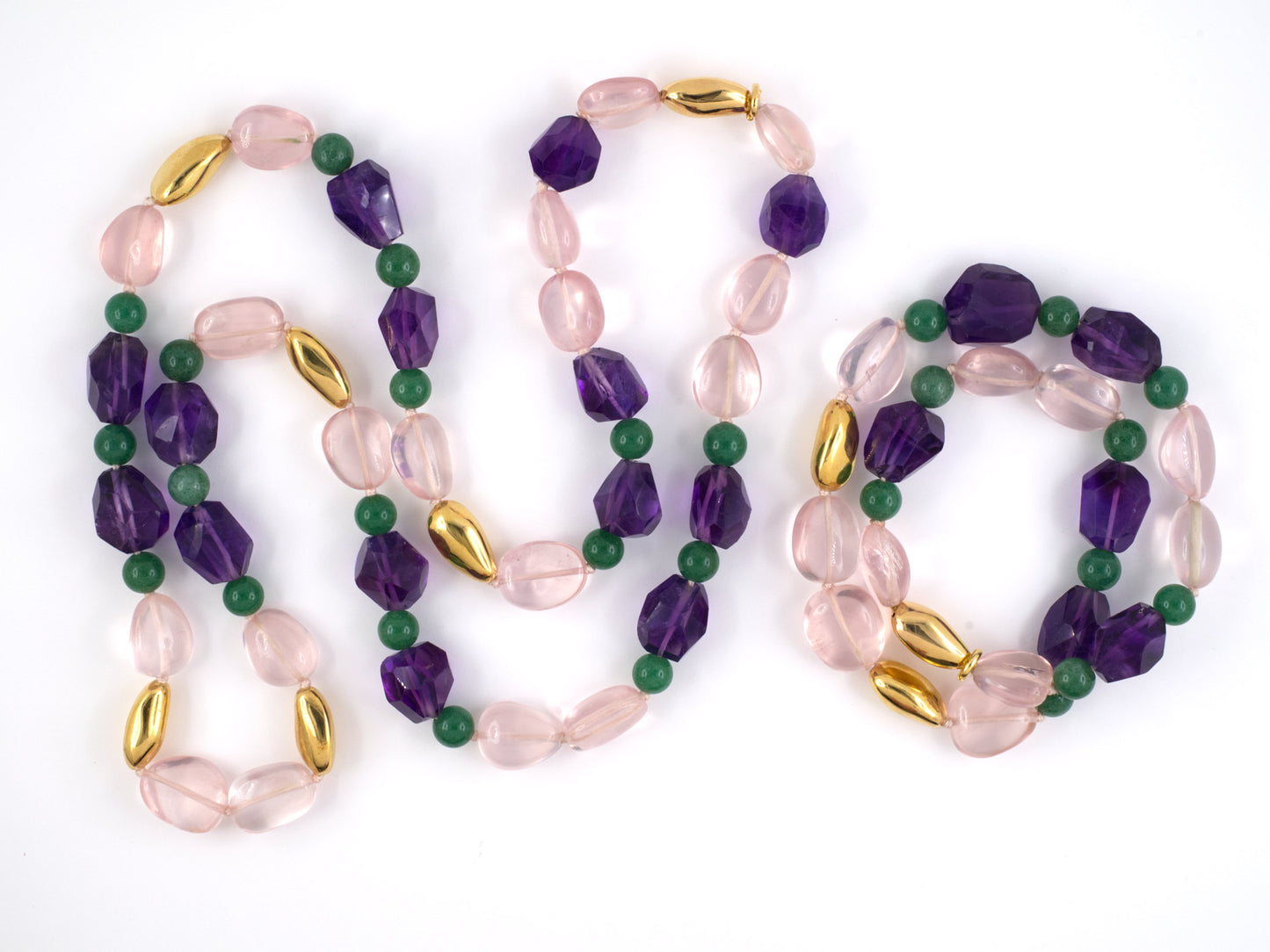 45388 - Gold Bean Beads Amethyst Pink Quartz Aventurine Bead 2 Clasp Bracelet Necklace