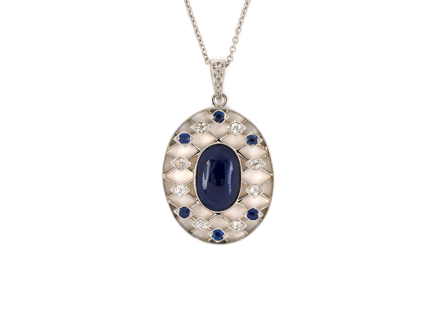 45394 - Edwardian Platinum Gold Diamond AGL Sapphire Lattice Oval Pendant Necklace