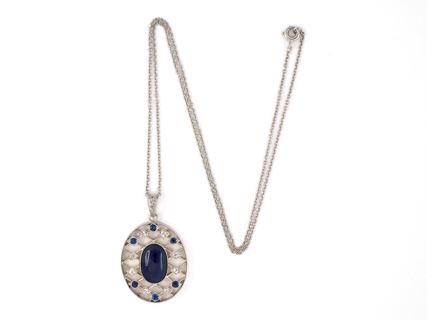 45394 - Edwardian Platinum Gold Diamond AGL Sapphire Lattice Oval Pendant Necklace