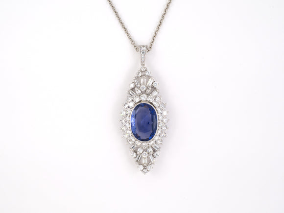 45395 - SOLD - Circa 1950 Platinum AGL Sapphire Diamond Tiered Oval Cluster Pendant Necklace