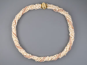 45401 - SOLD - Gold Corrugated Clasp 9 Strand Assorted Pearl Torsade Necklace