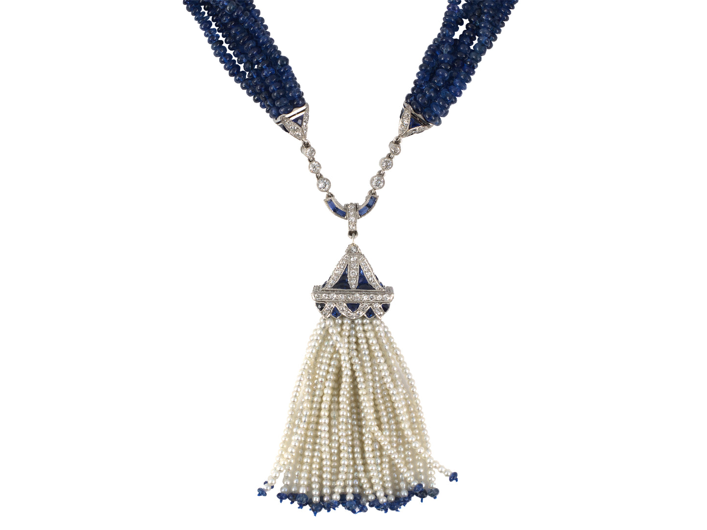 45411 - Edwardian Platinum Diamond Sapphire GIA Natural Pearl Torsade & Belle Epoque Tassel Drop Pendant Necklace