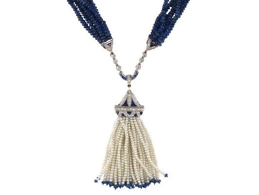 45411 - Edwardian Platinum Diamond Sapphire GIA Natural Pearl Torsade & Belle Epoque Tassel Drop Pendant Necklace