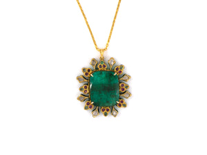 45417 - SOLD - Gold AGL Colombian Emerald Diamond Tourmaline Enamel Flower Pendant Necklace