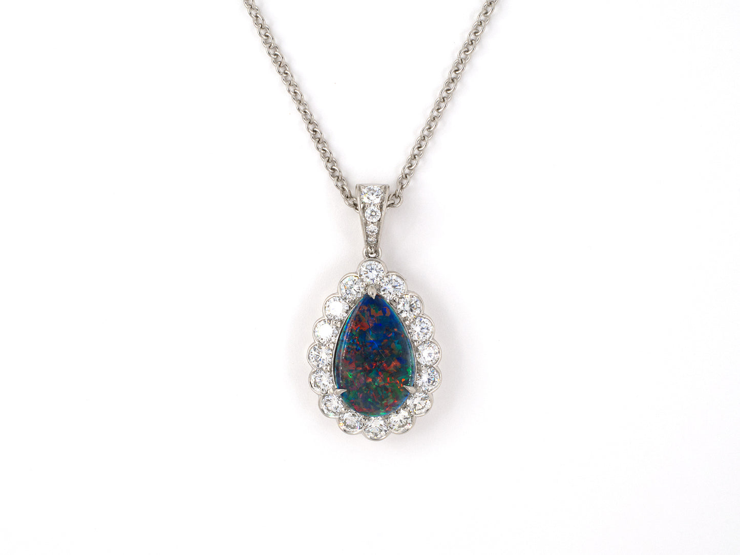 45430 - Platinum AGL Harlequin Black Opal Diamond Cluster Pear Shape Pendant Necklace