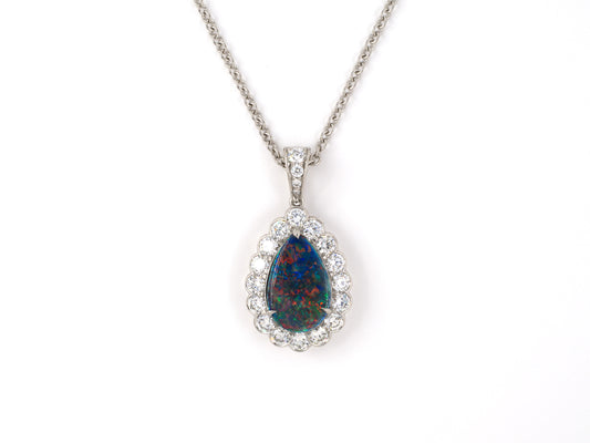 45430 - Platinum AGL Harlequin Black Opal Diamond Cluster Pear Shape Pendant Necklace