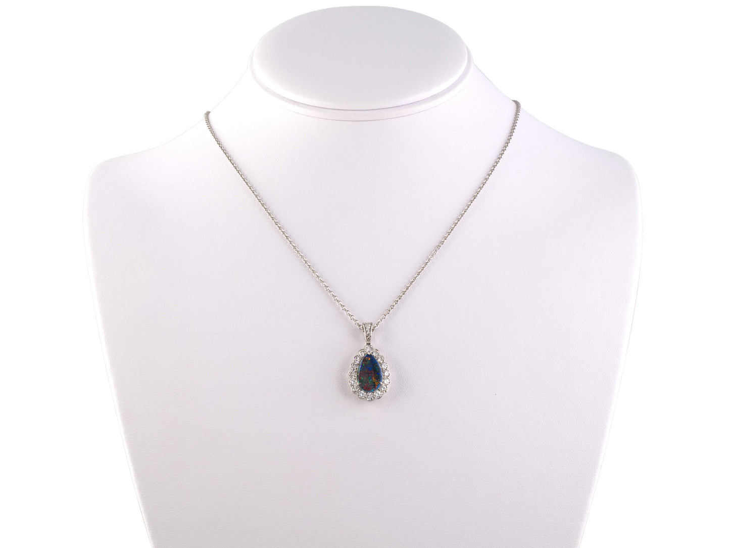 45430 - Platinum AGL Harlequin Black Opal Diamond Cluster Pear Shape Pendant Necklace