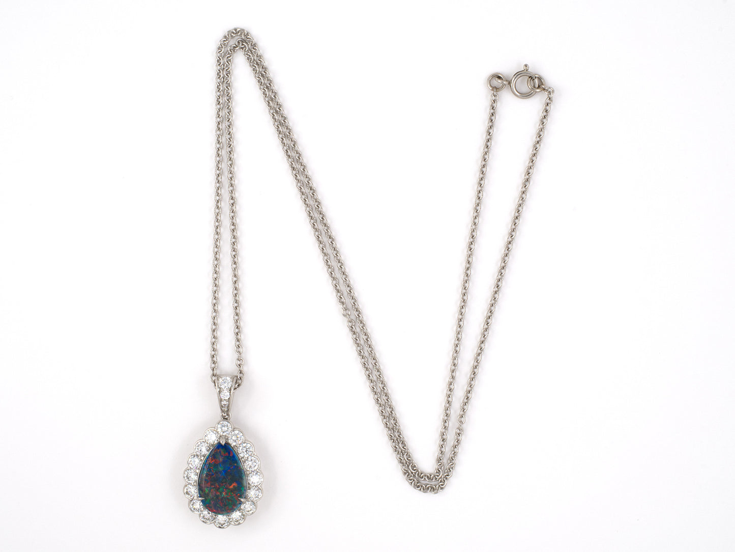 45430 - Platinum AGL Harlequin Black Opal Diamond Cluster Pear Shape Pendant Necklace