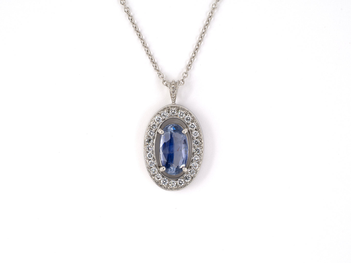 45432 - SOLD - Platinum Kashmir Sapphire Diamond Oval Cluster Pendant Necklace