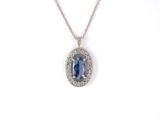 45432 - SOLD - Platinum Kashmir Sapphire Diamond Oval Cluster Pendant Necklace