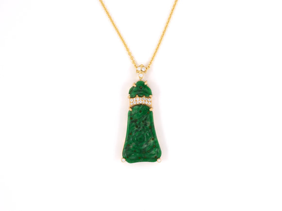 45433 - Gold Jadeite Diamond Carved Floral Handmade Pendant Necklace