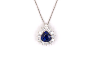 45434 - Tiffany Platinum GIA Sapphire Diamond Pear Shape Cluster Pendant Necklace