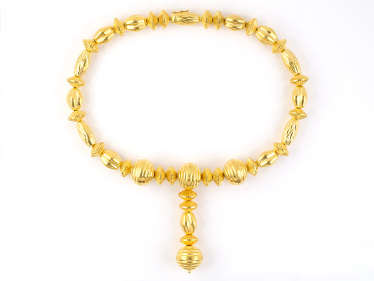 45435 - SOLD - Lalaounis Minoan Gold Hollow Fluted Carved Alternating Beads Necklace With Removable Drop