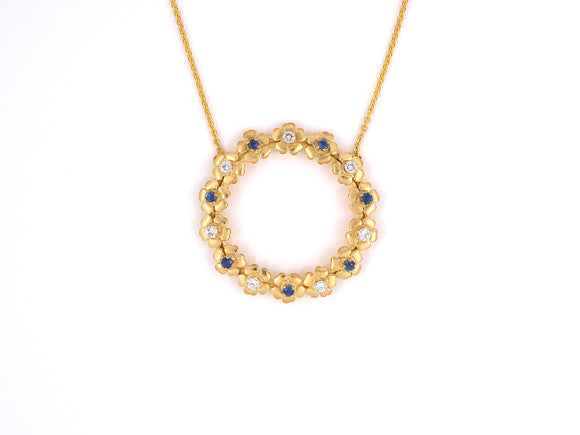 45442 - SOLD - Circa 1970 Gold Sapphire Diamond Flower Circle Pendant Necklace