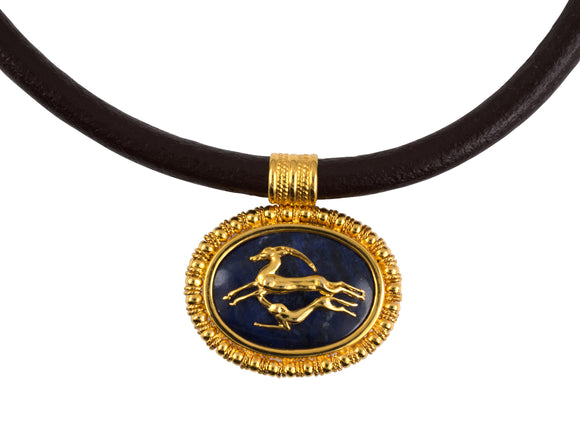 45449 - Lalaounis Gold Sodalite Ibex Oval Pendant Leather Cord Necklace Detachable Pin