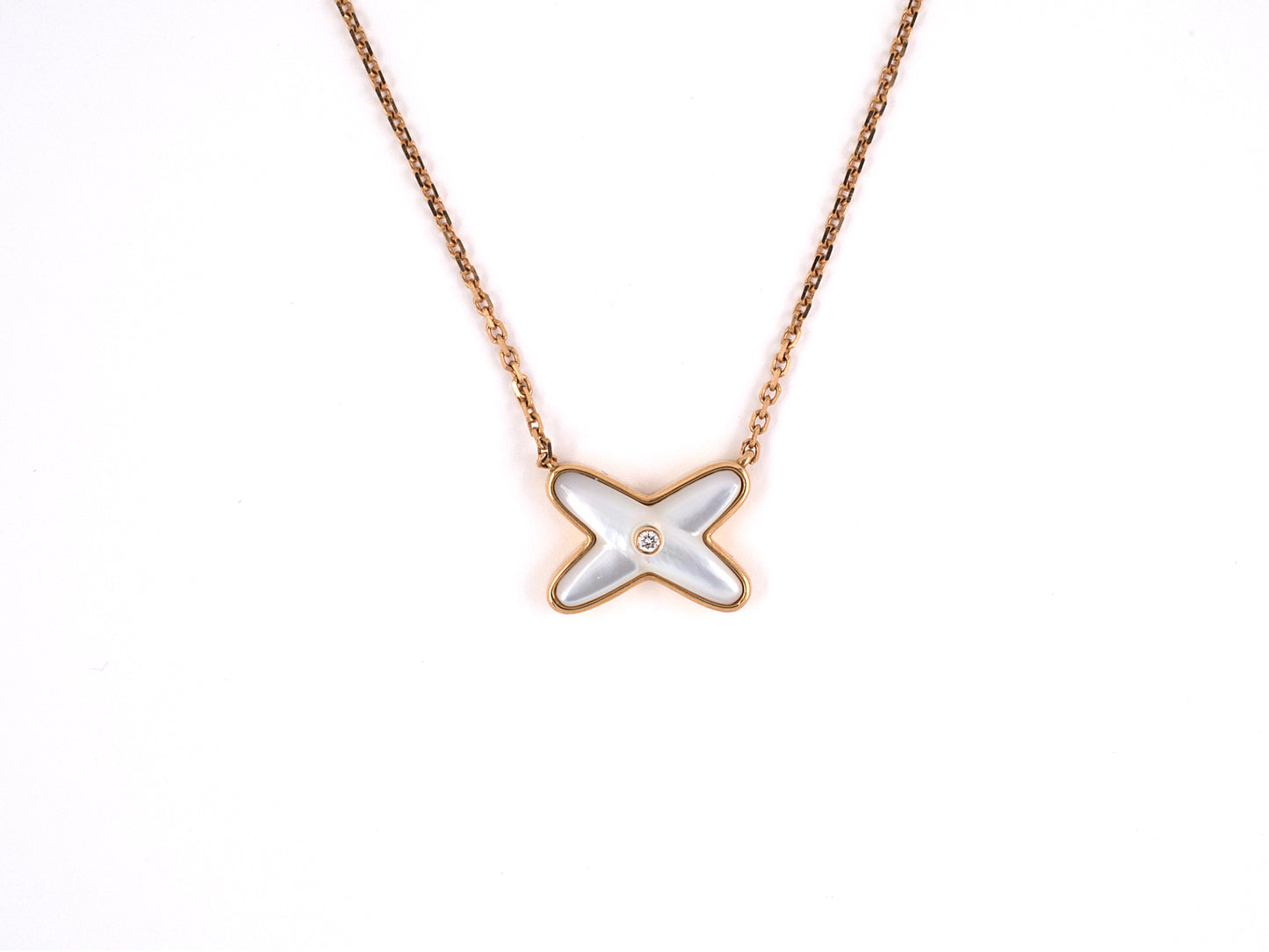 45450 - Chaumet "Jeaux De Liens" French Gold Diamond Mother Of Pearl X Ornament Pendant Necklace